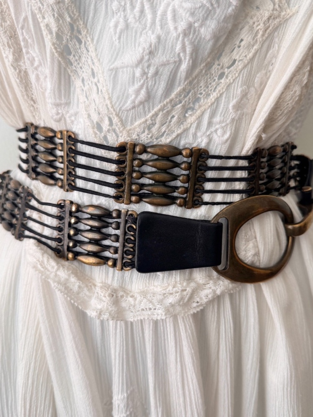 SUZI ROHER  Bronze Black Leather Elastic Hook Loop Belt